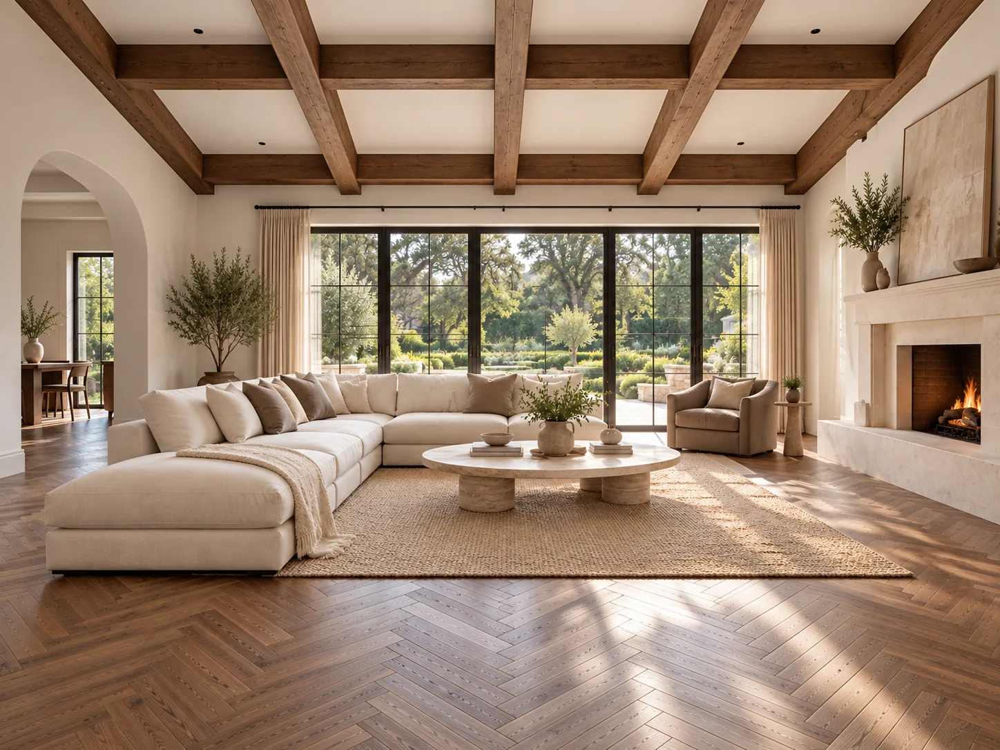 Living room with exposed wood ceiling beams, herringbone oak floors, a cream sectional and a stone fireplace