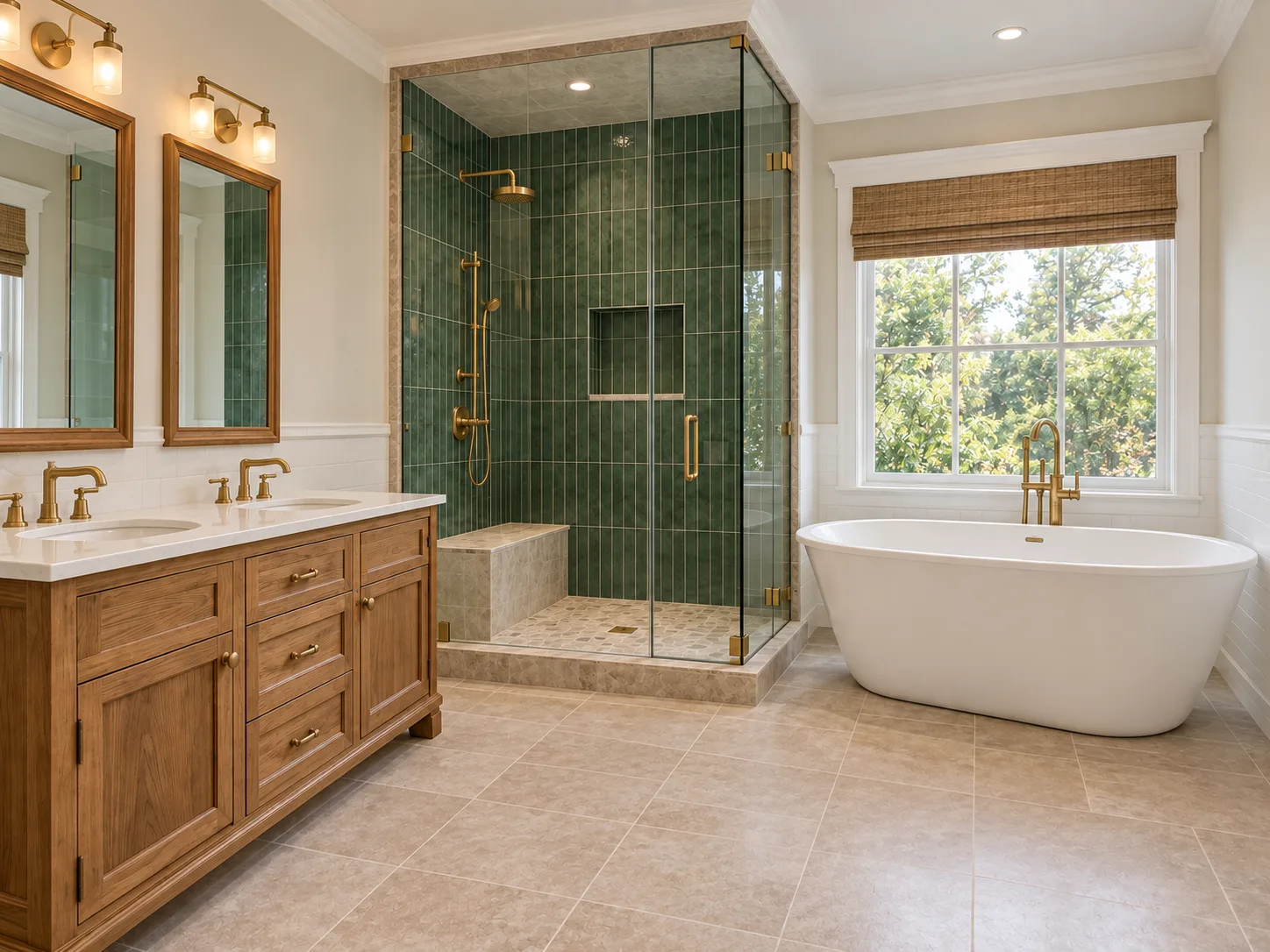 The same bathroom after renovation, with a green-tiled glass shower, freestanding tub and brass fixtures