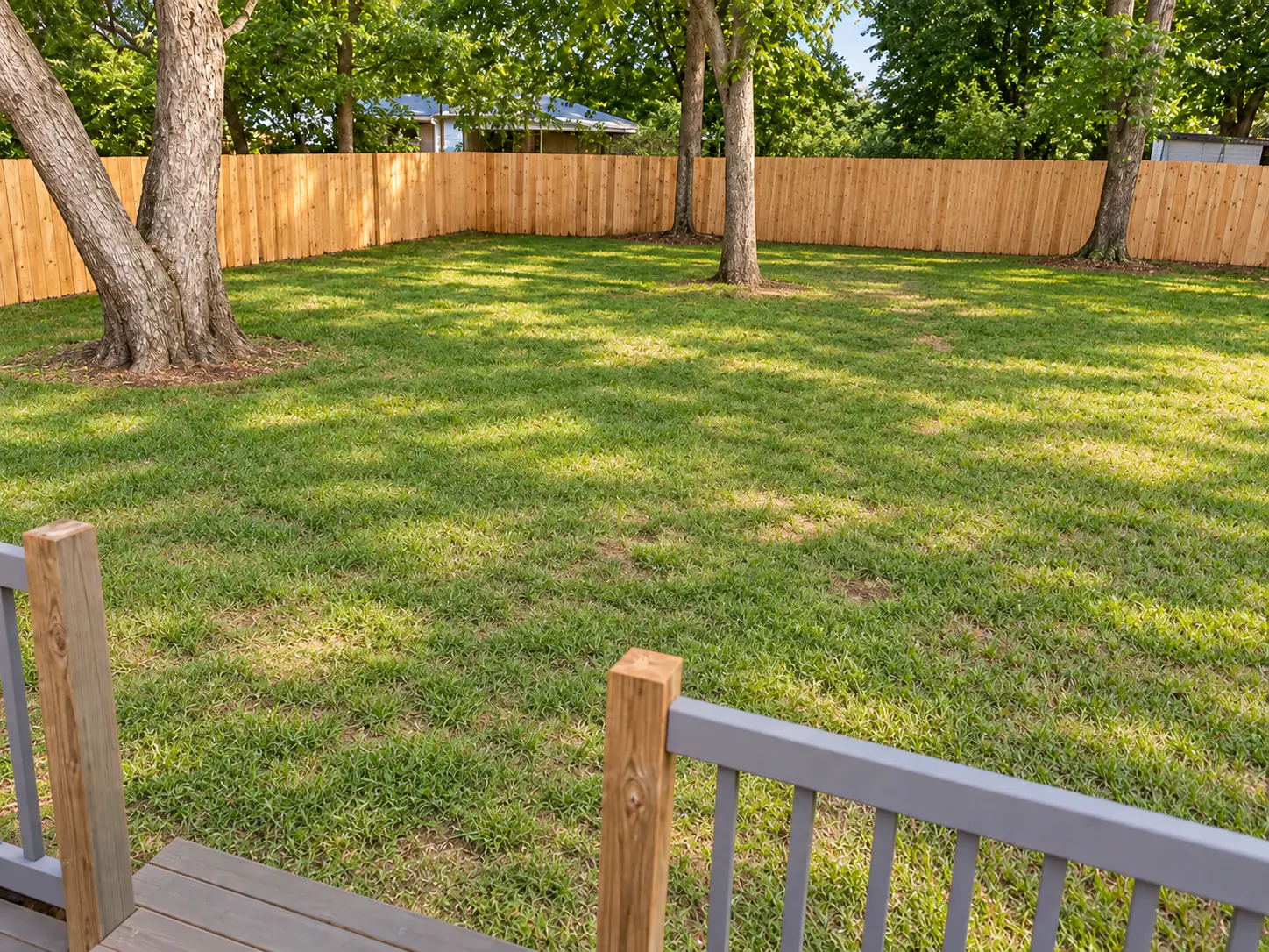 Empty fenced backyard seen from a deck, with a lawn, three large trees and a new wood privacy fence