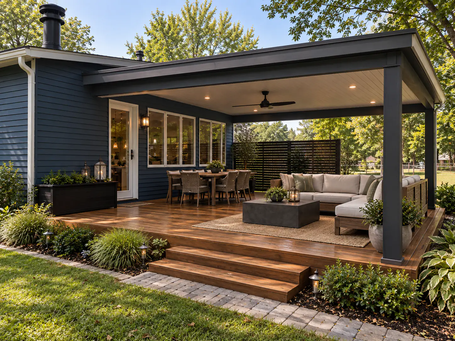 Design concept of the same house, with a covered wood deck, a dark roof structure with lights and a fan, dining and lounge furniture and planted beds