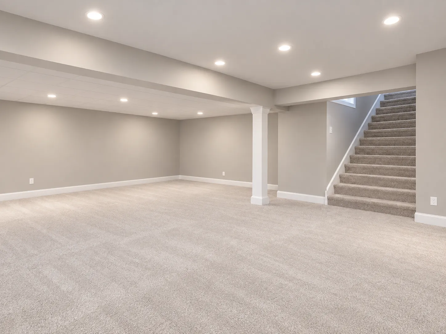 The same basement after renovation, empty and open, with greige walls, recessed lights, new carpet and a white column beside the carpeted stairs