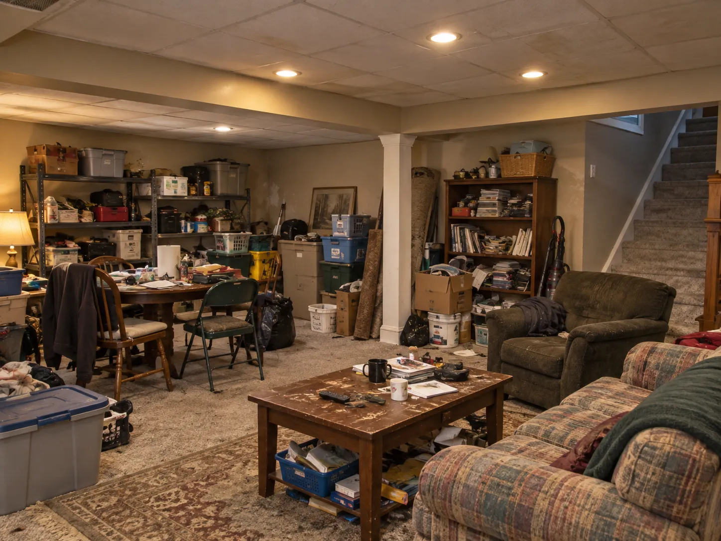 Basement before renovation, crowded with storage shelving, boxes, a dining table and worn furniture under a stained tile ceiling