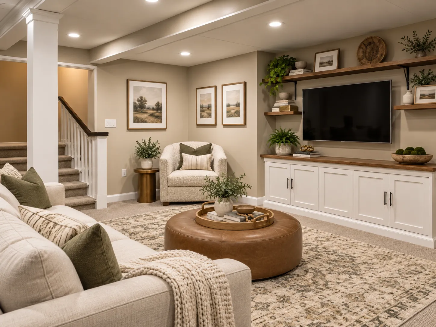 The same basement finished as a family room, with a white built-in media cabinet, floating shelves, carpet and a white-railed stair
