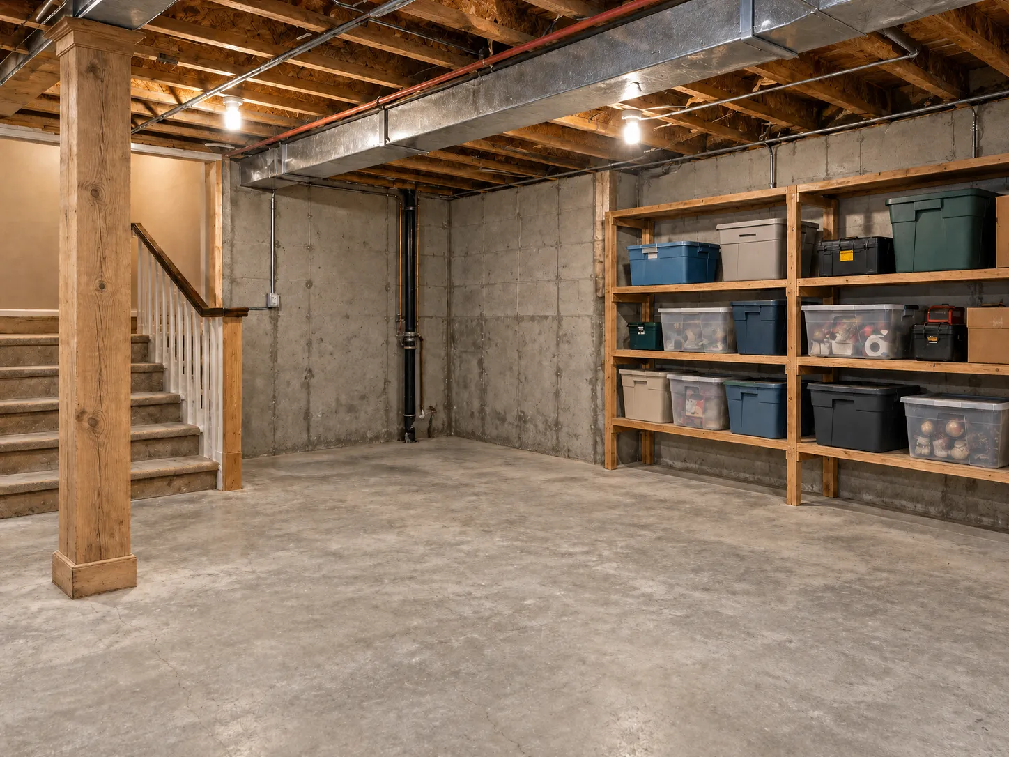Unfinished basement before renovation, with exposed joists and ductwork, concrete walls and floor, a wood post and storage shelving