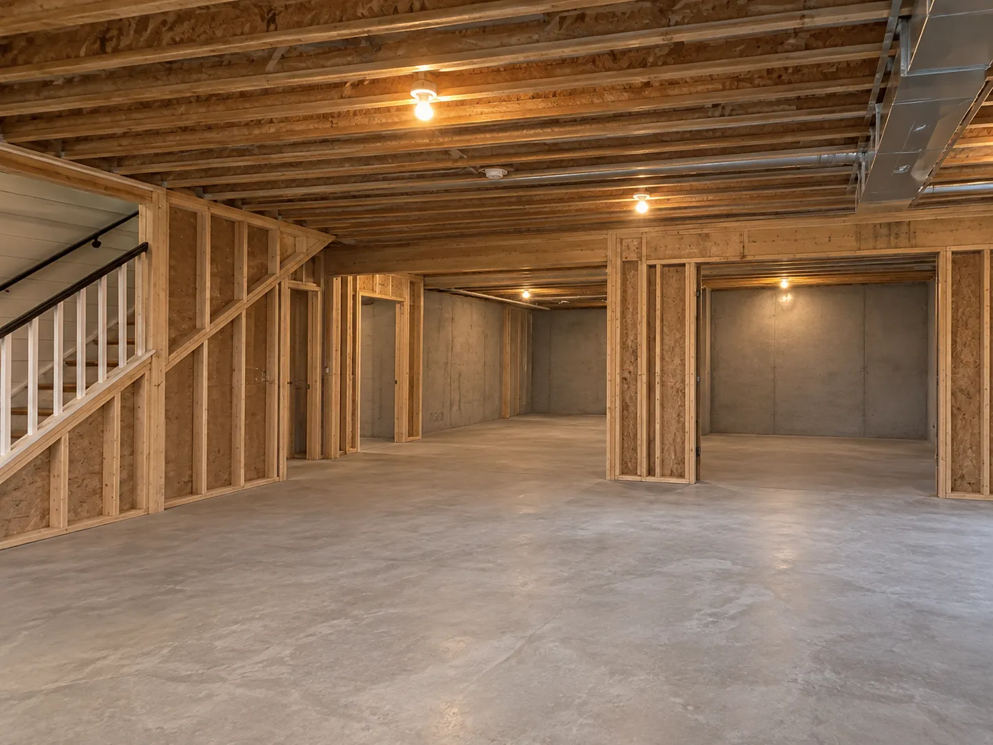 Basement mid-renovation, with new stud walls, exposed joists and ductwork, a concrete floor and a white-railed stair