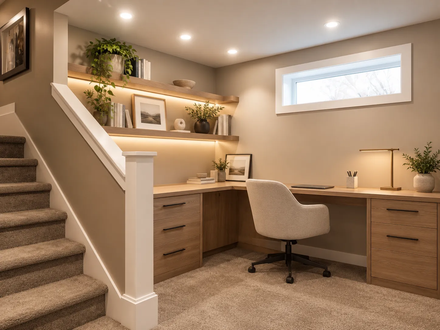 The same corner finished as a home office, with a built-in oak L-shaped desk, lit floating shelves and a white-trimmed window