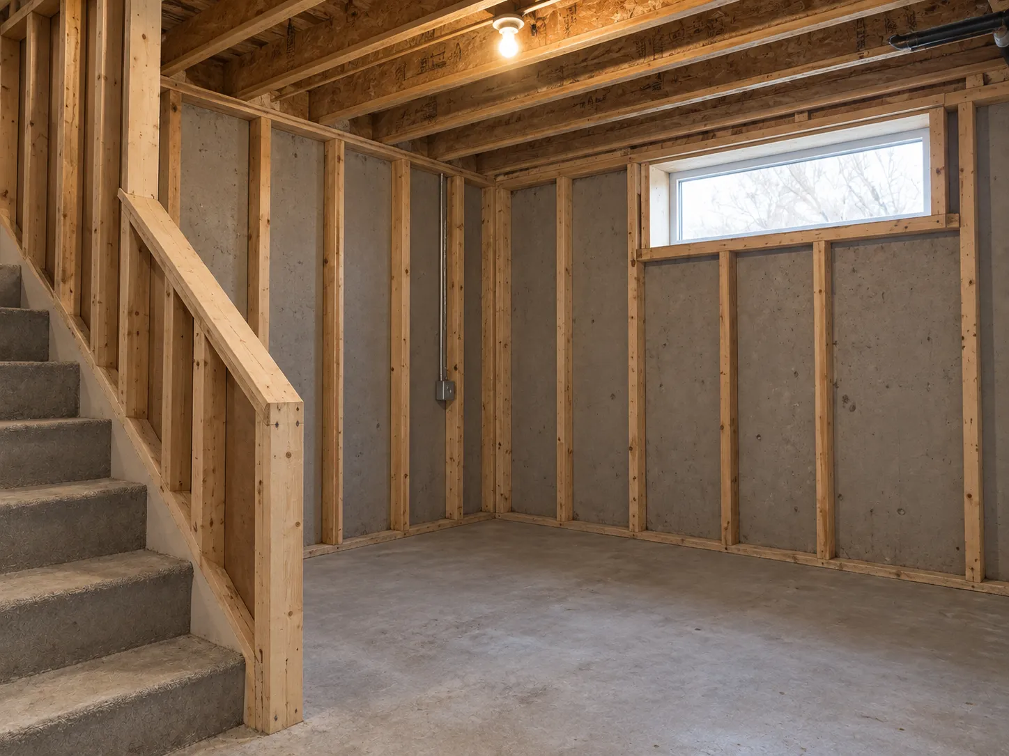 Basement corner before renovation, with stud framing against concrete walls, a small window, a bare bulb and a framed stair rail