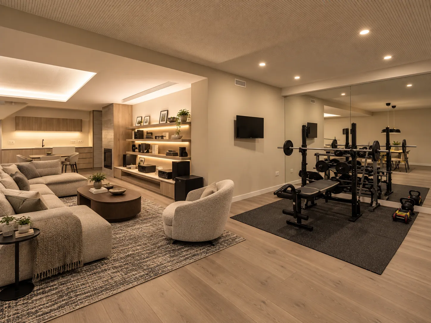 The same basement finished with a lounge, a wet bar, a media wall with lit shelves and a home gym in front of a mirror wall