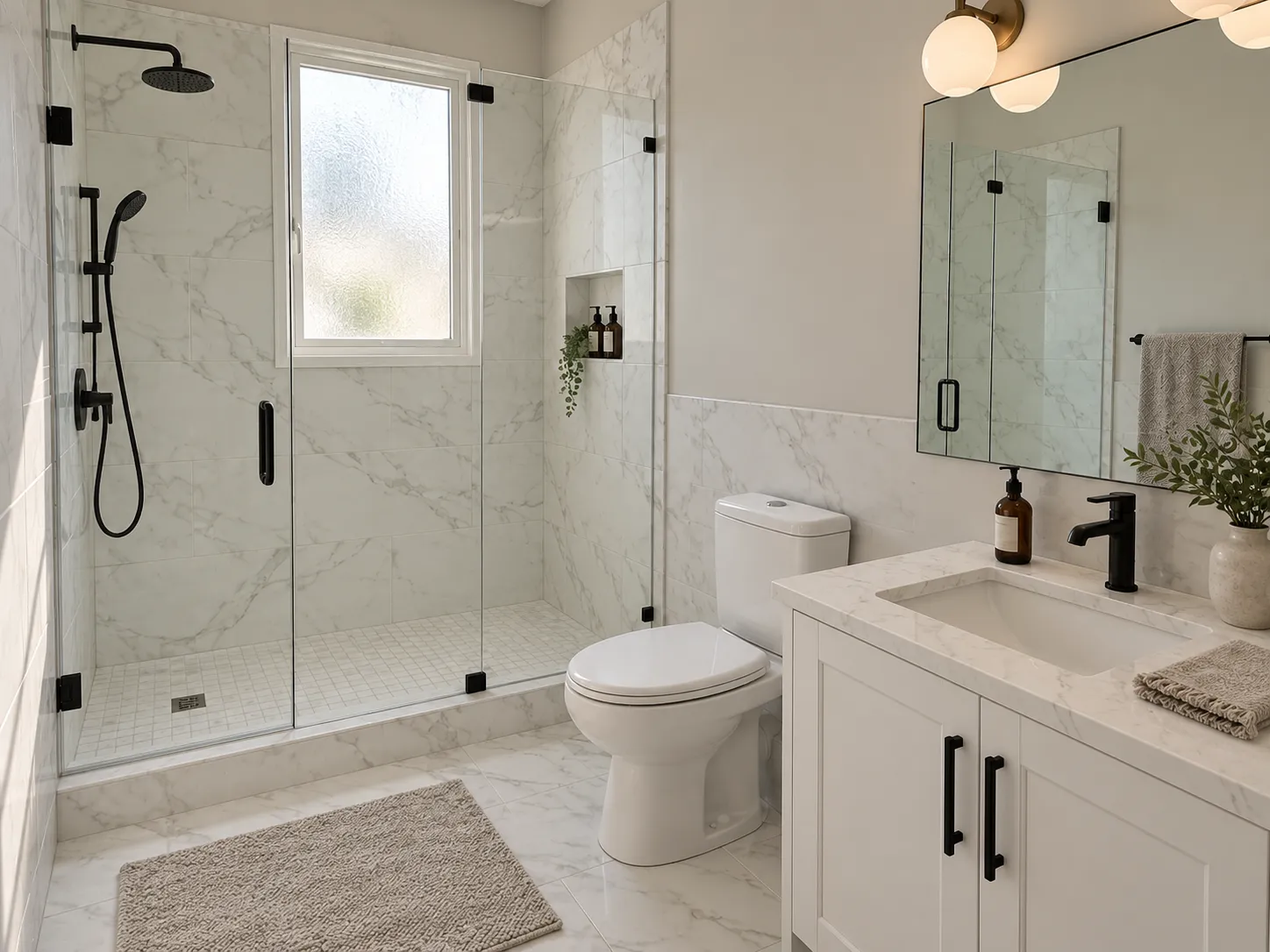 The same bathroom after renovation, with a frameless glass walk-in shower in marble-look tile, a white Shaker vanity and matte black fixtures