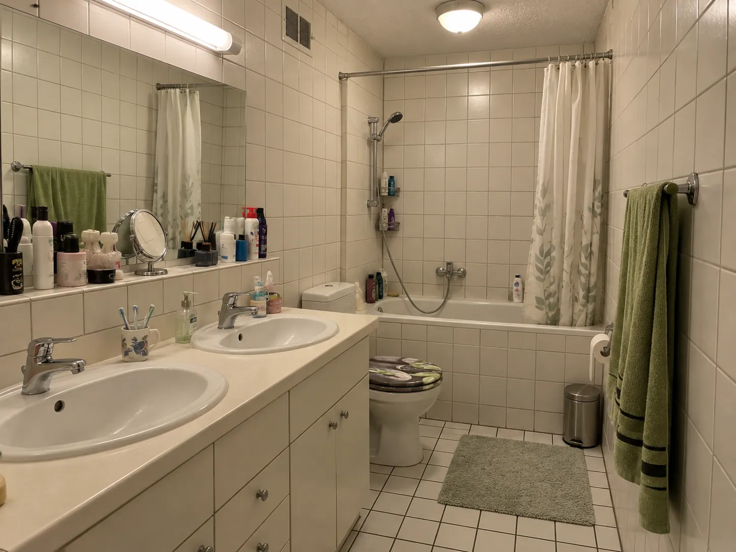 Bathroom before renovation, with a cream double vanity with drop-in basins, square wall tile and a tub behind a shower curtain