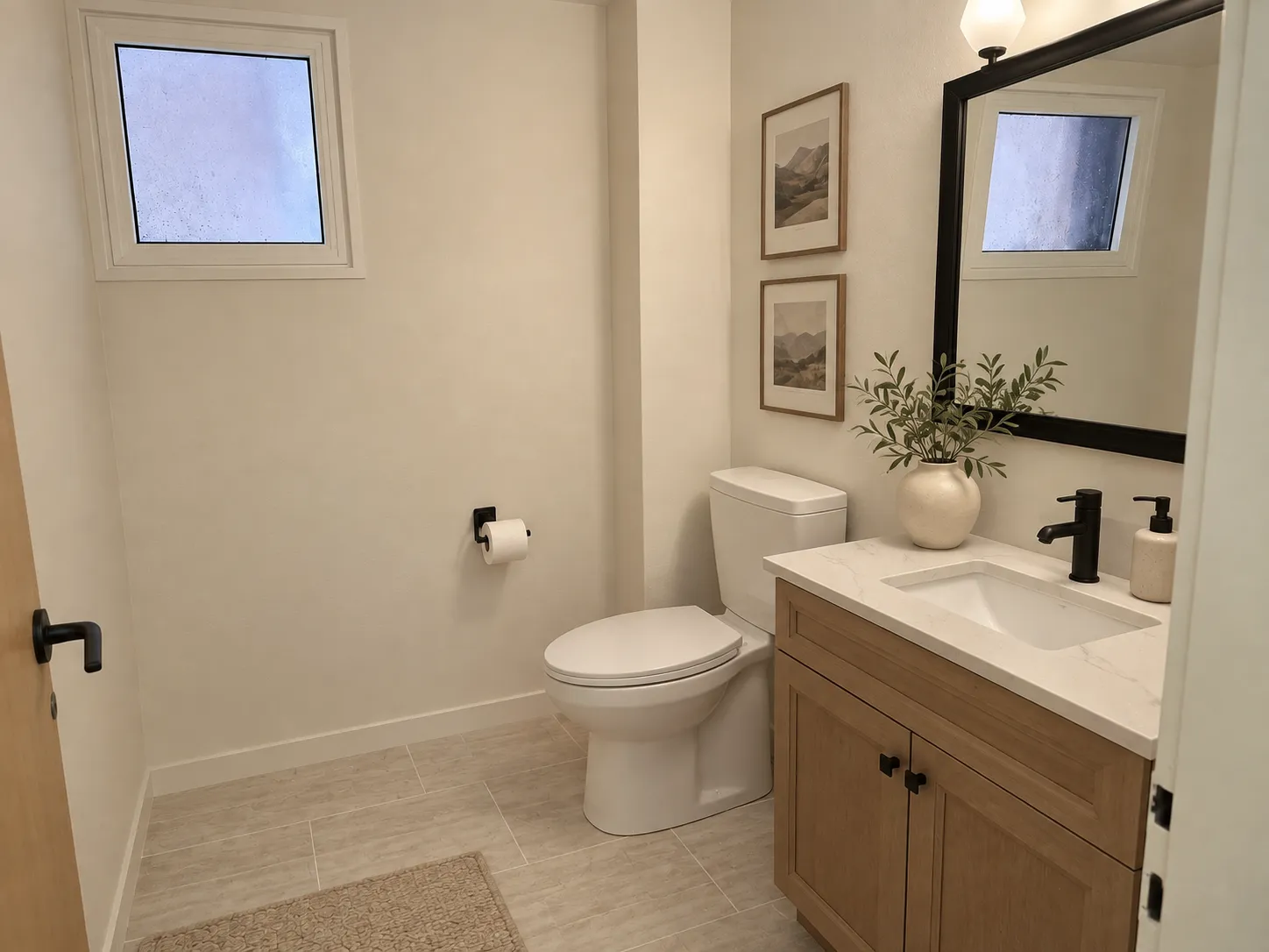 The same powder room after renovation, with warm white walls, an oak Shaker vanity with a quartz top and a black-framed mirror