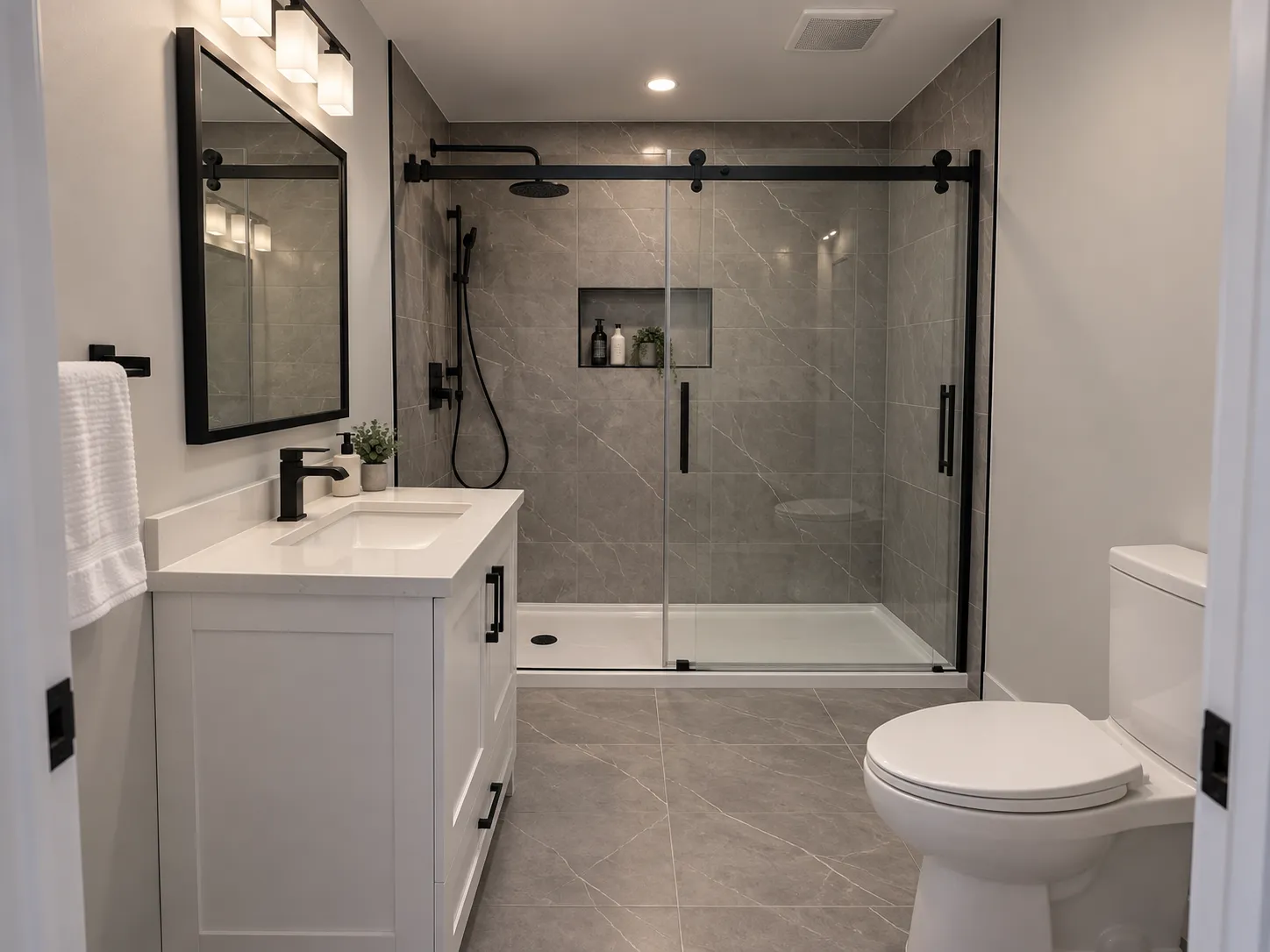 The same bathroom after renovation, with a grey marble-look walk-in shower behind sliding glass doors and a white Shaker vanity