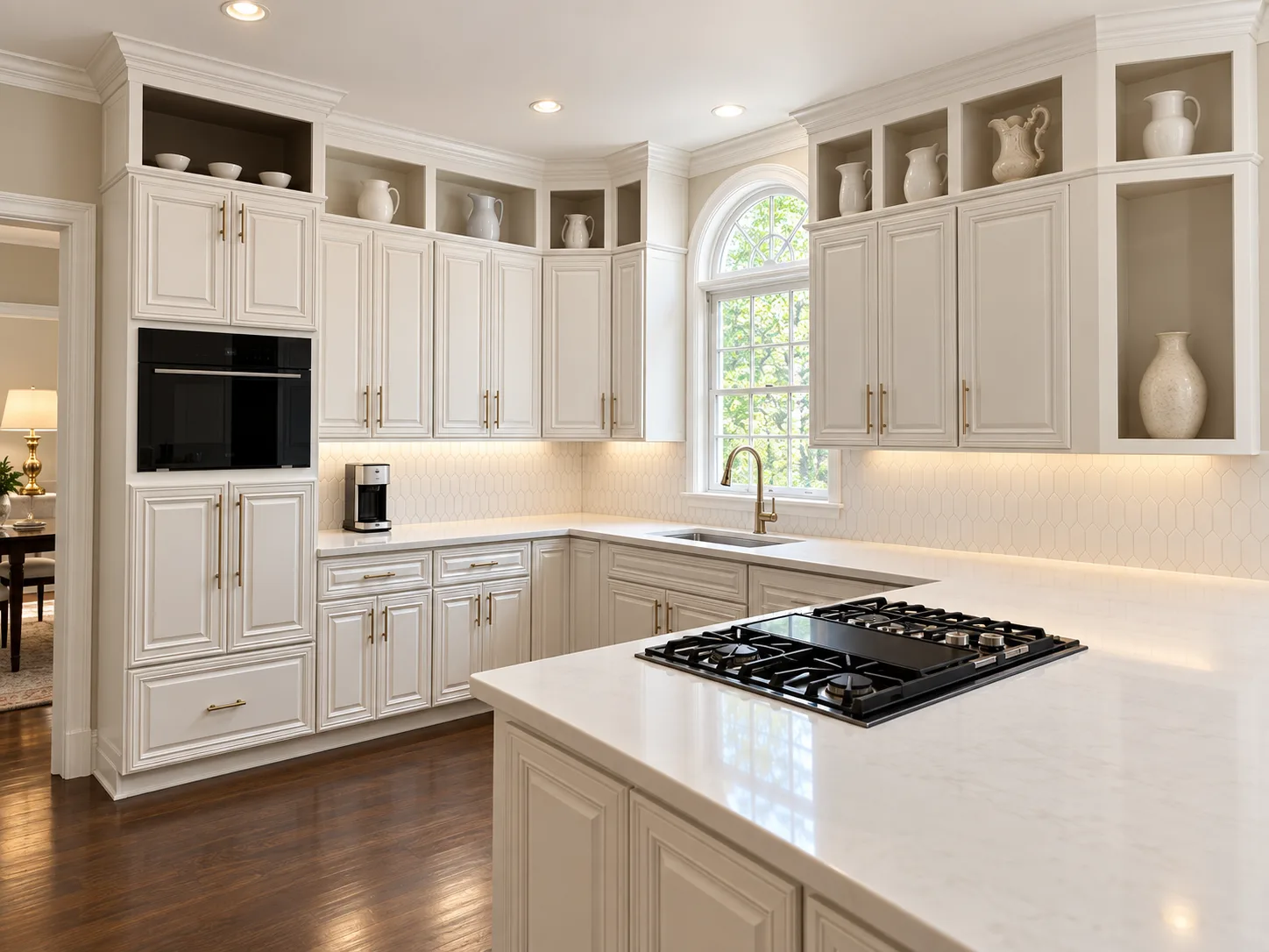 The same kitchen finished, with cream raised-panel cabinets, brass pulls, a hexagon tile backsplash and a gas cooktop in the peninsula