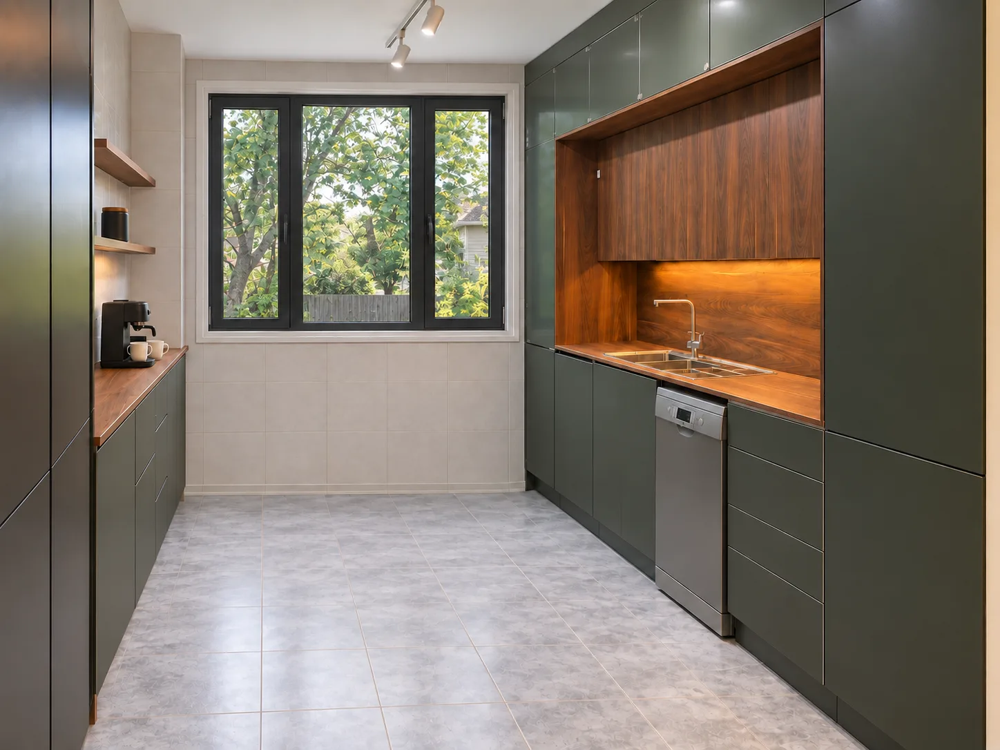 The same galley after renovation, with full-height matte green cabinets, a walnut-lined sink niche and a black-framed window