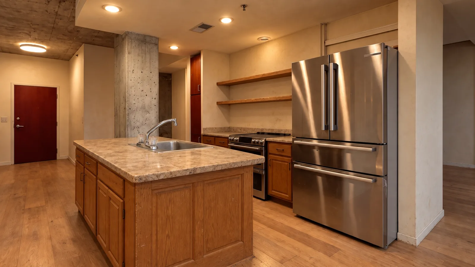 Loft kitchen before renovation, with an oak island, laminate countertops, a drop-in sink and open wood shelves