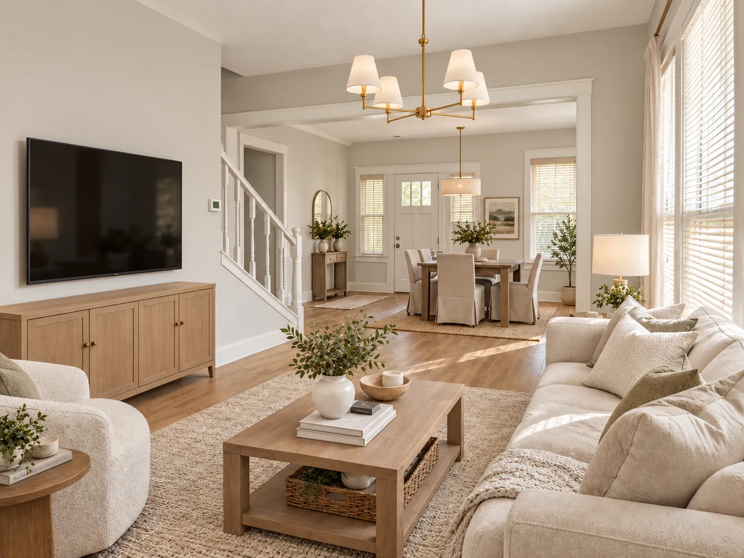 Design concept of the same room finished, with wood-look floors, grey walls, a white-trimmed opening to the dining room and a brass chandelier
