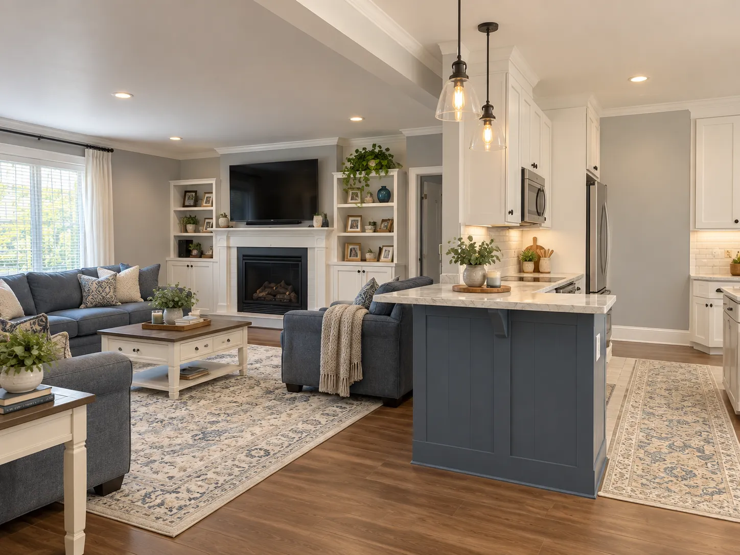 Design concept of the same space renovated, with a fireplace between built-in shelves, a navy kitchen peninsula with a marble-look top and wood-look floors