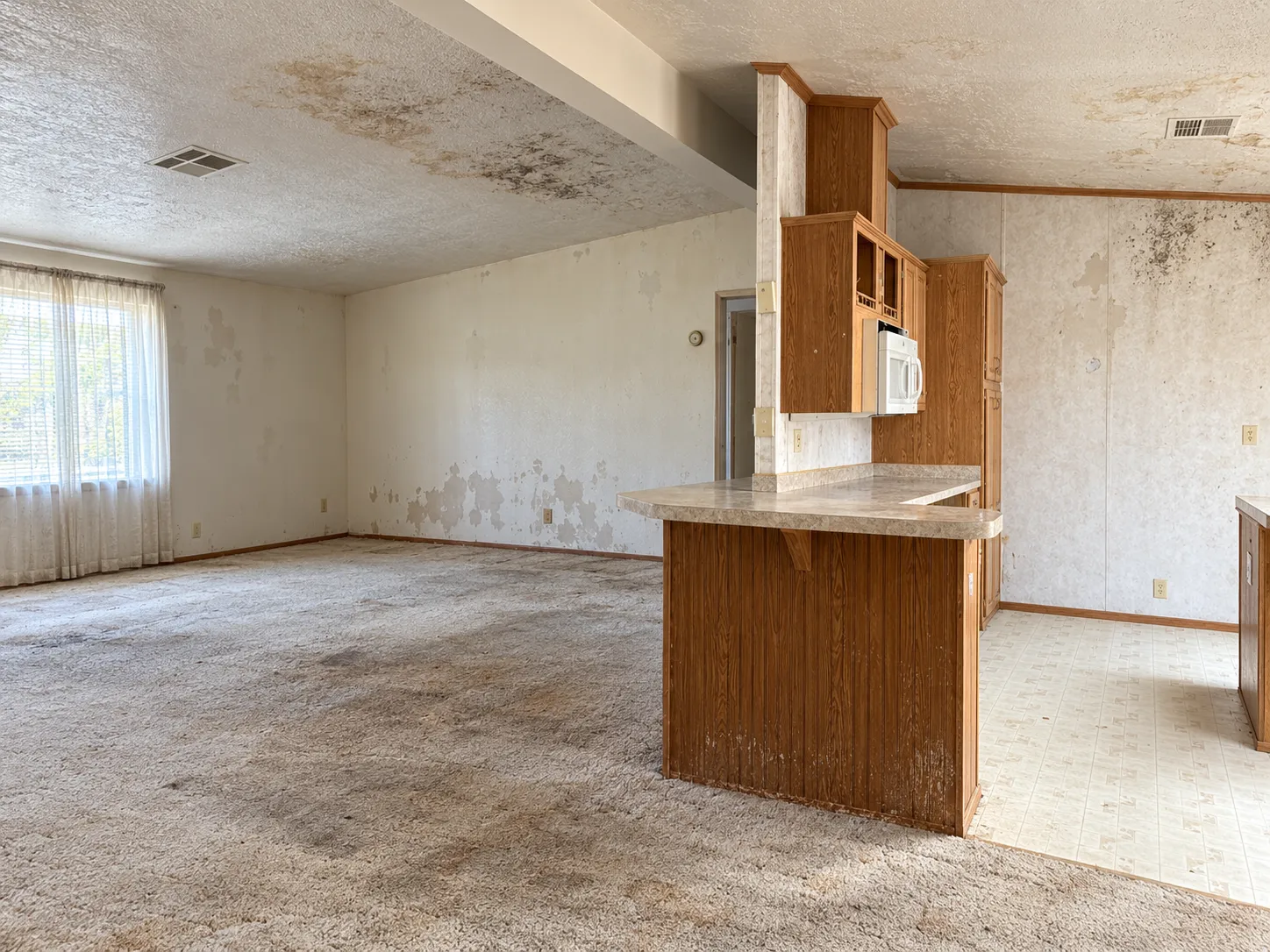 Living room and kitchen before renovation, with a water-stained ceiling, peeling wall panels, stained carpet and an oak laminate peninsula