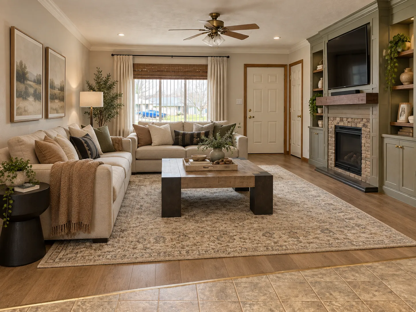 Design concept of the same living room, with sage green built-ins around a stone fireplace, a wood mantel and wood-look floors
