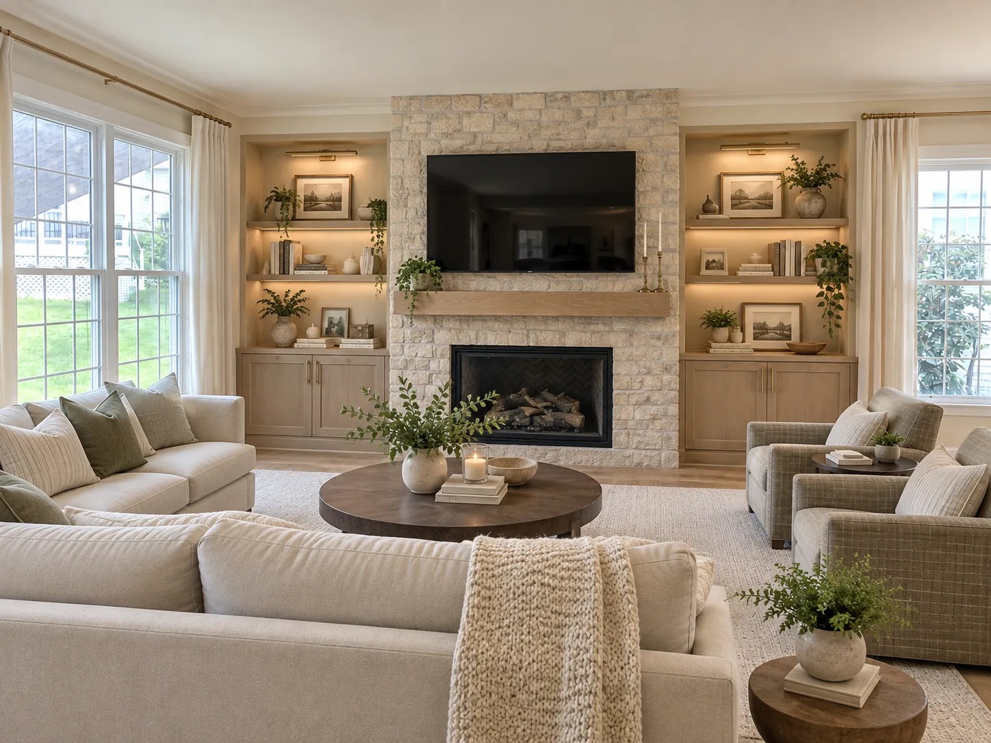Design concept of the same room, with a stone-look fireplace wall, an oak mantel, lit built-in shelving on both sides and wood-look floors