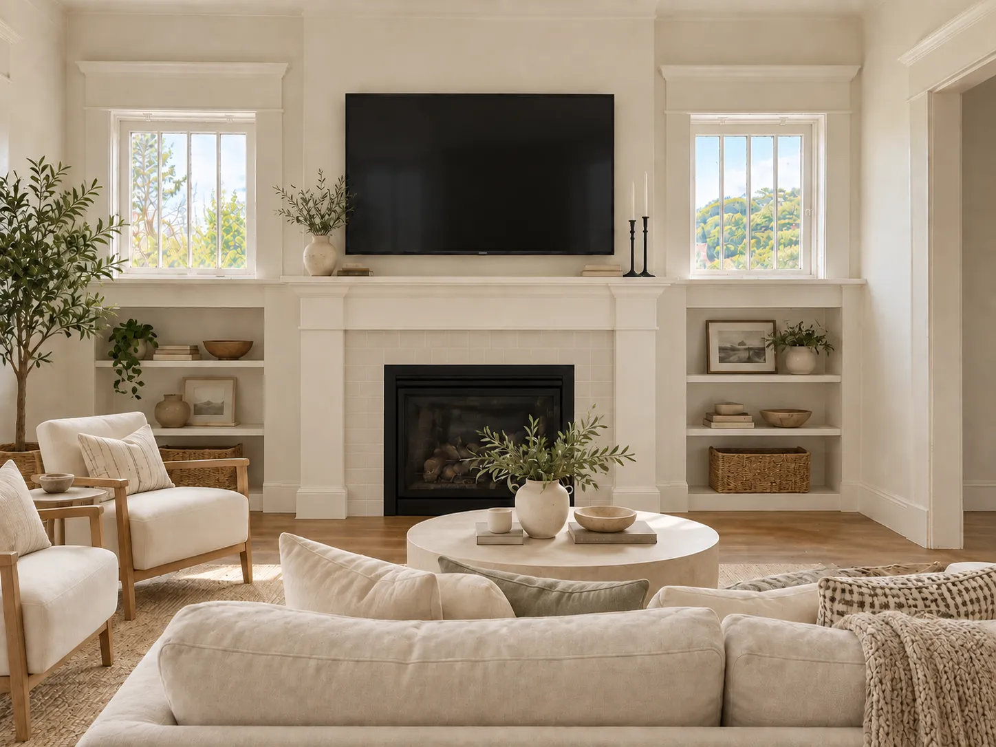 Design concept of the same room, with a white tiled fireplace and mantel, built-in shelves under both windows and wood floors