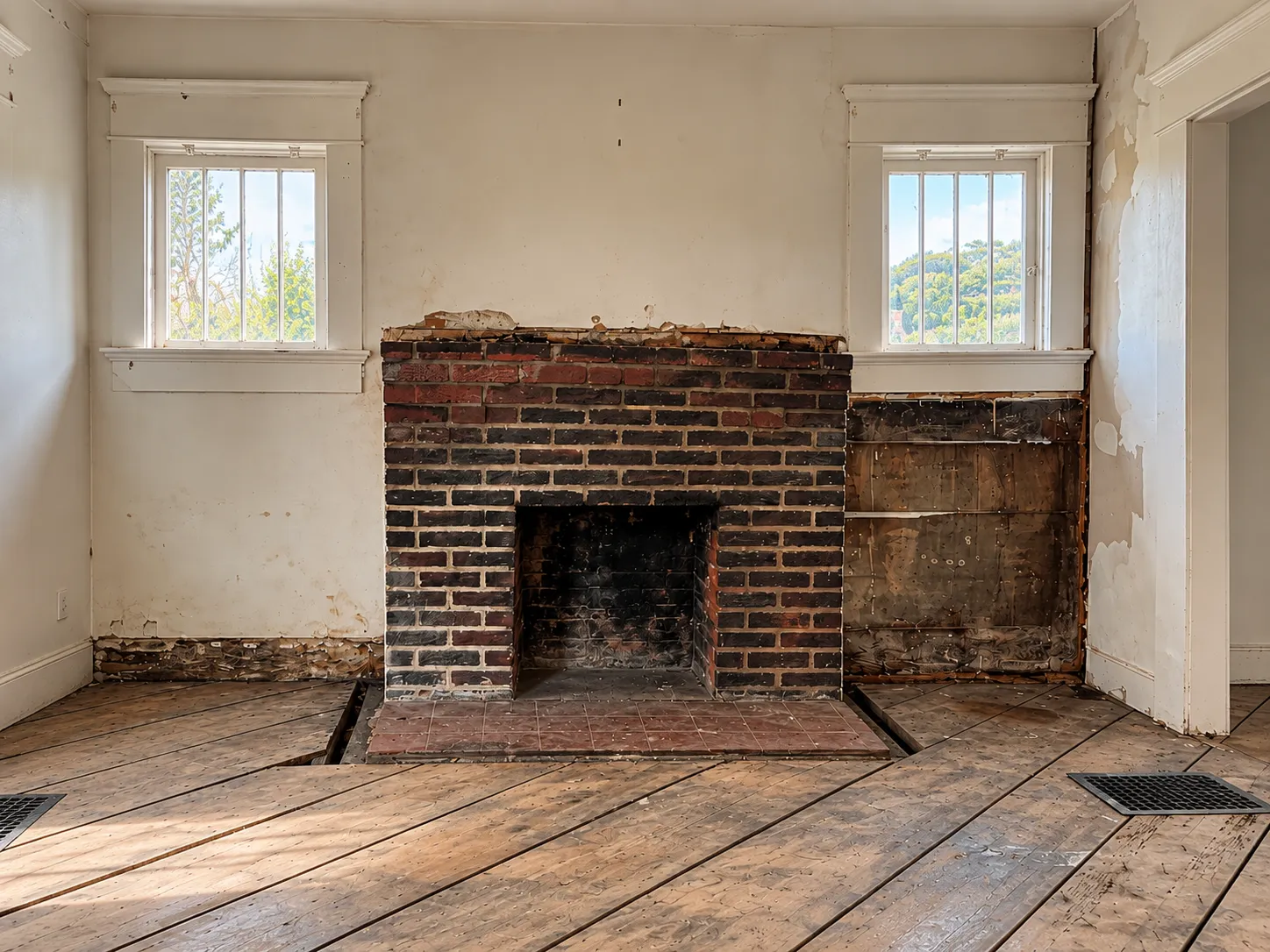 Room before renovation, with a bare brick fireplace, exposed subfloor boards, damaged plaster and a gutted alcove beside the fireplace